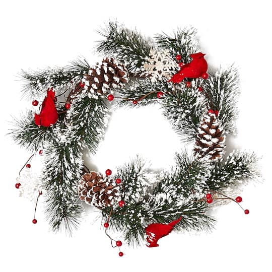 22" Unlit Snowy Cardinals & Snowflakes Pine Wreath on Natural Twig Base